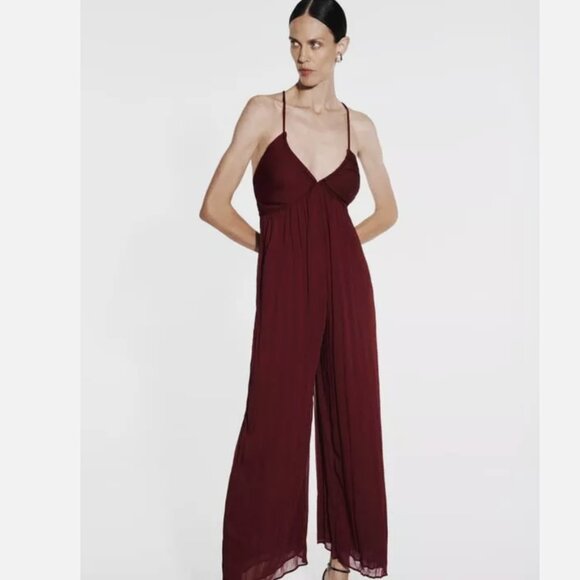 NWT ZARA LONG CROSSED BACK JUMPSUIT Chiffon Fabric Small Bloggers Fave Burgundy - Picture 3 of 13